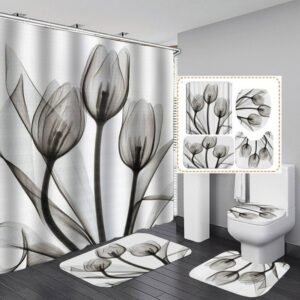 Tulip Shower Curtain Flannel Felt Fabric PVC Bottom Bathroom Four-Piece Set